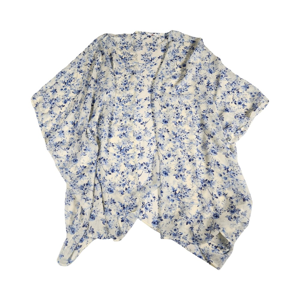 GeeGee White Blue‎ Floral Sheer Kimono Cardigan Lightweight Boho Vacation Large - Picture 5 of 10